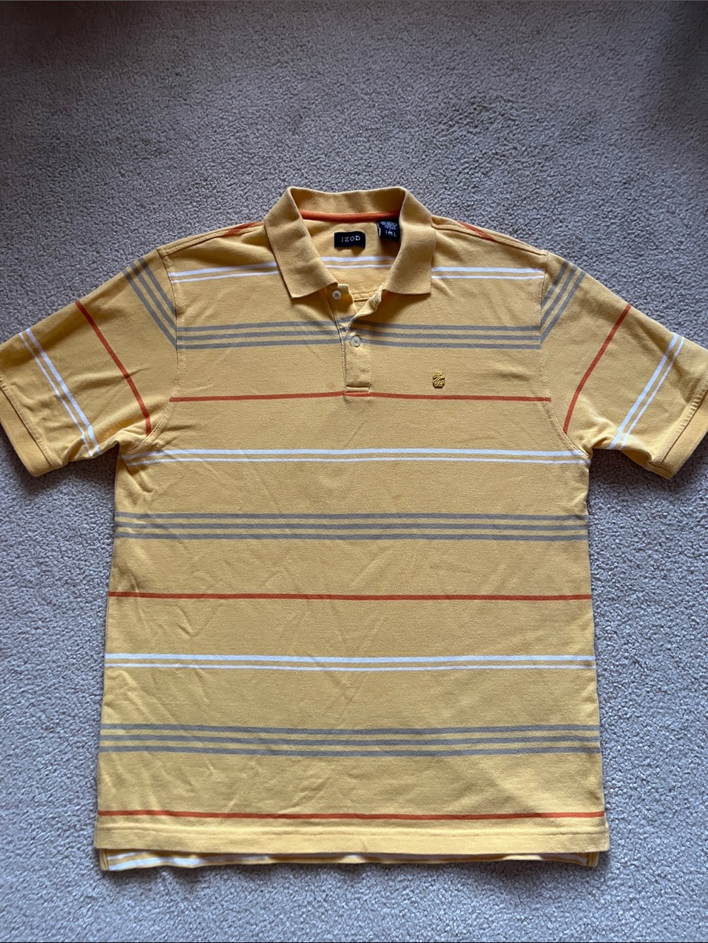 Izod Men’s Large Yellow Polo with Gray, White & Orange Stripes